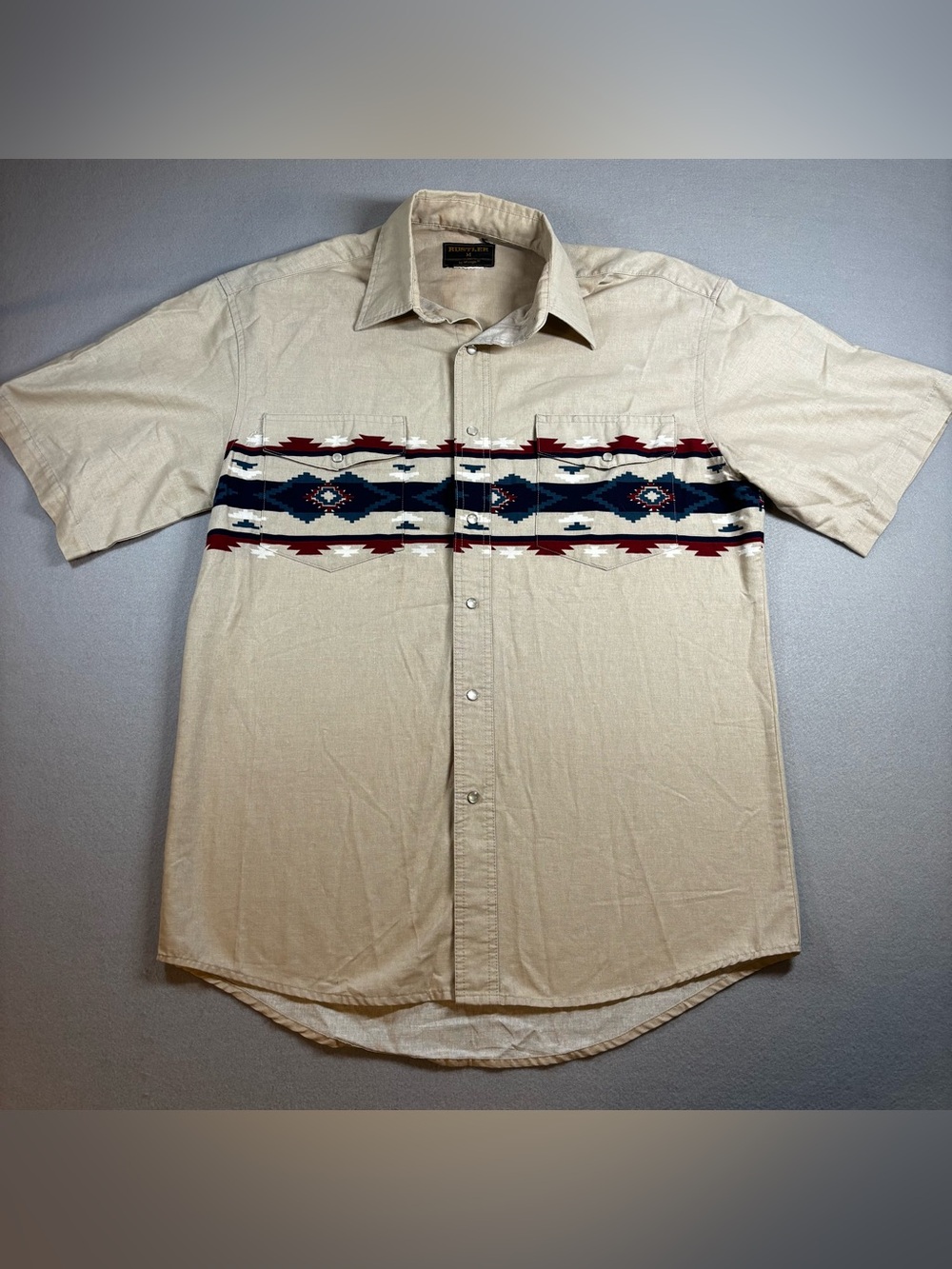 Men's Short-Sleeve Button-Up Shirt with Aztec Stripe - Beige. Pearl Snap